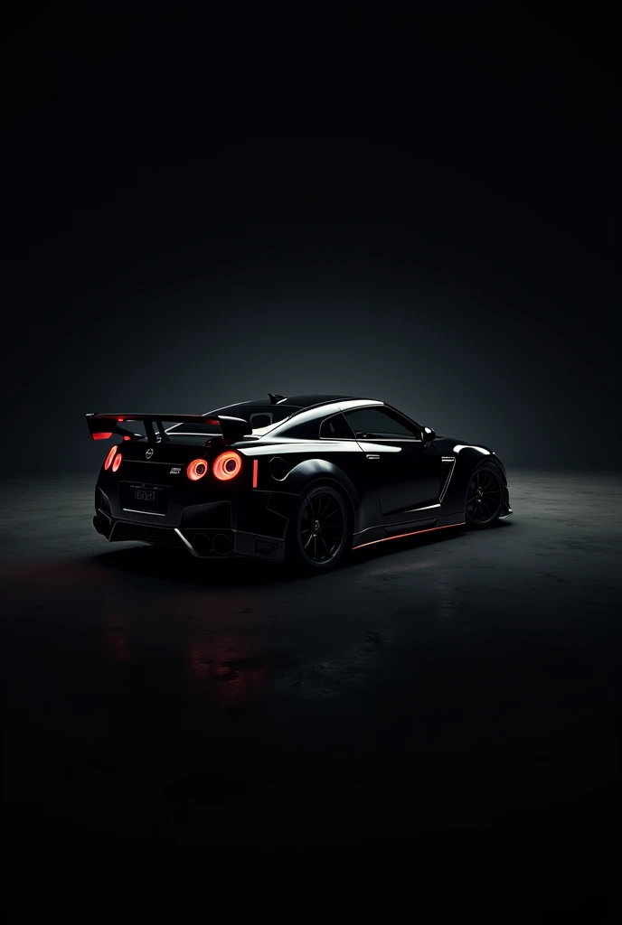 I need wallpaper in which Gtr-35 car’s back left light just on in black car and black background 