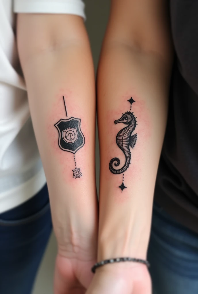 Simple and original tattoo, for couples containing: officer, star and a seahorse