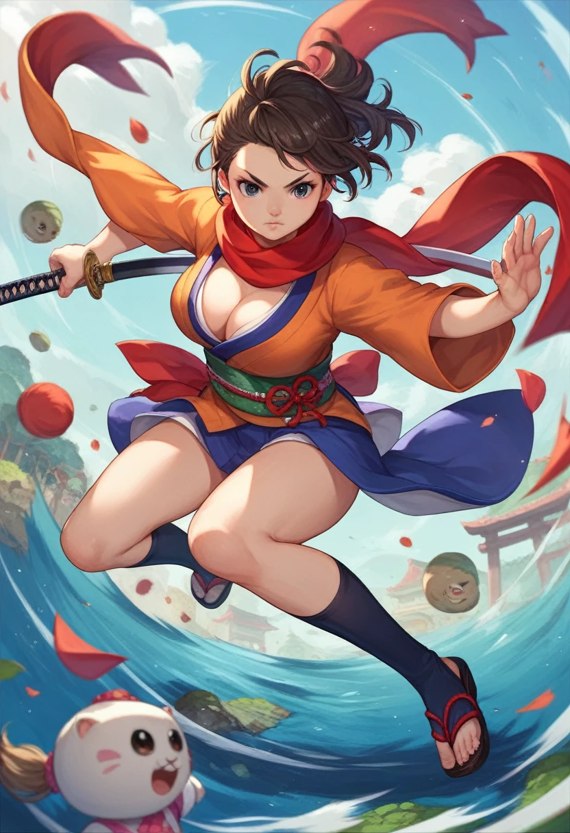 1人の, child girl, cute, wearing mini kimono, busty, cleavage, scarf on neck, prepare a KATANA, fighting stance, battle scene, zombies, dynamic angle, strong wind, japan, edo town,