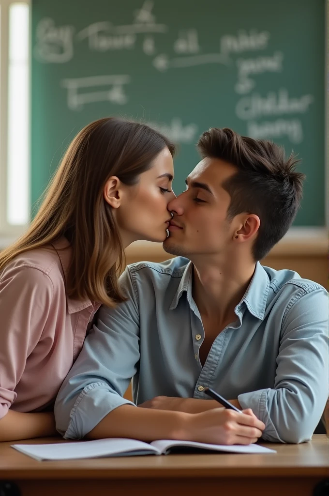 Beautiful female teacher making love with her male student in the classroom, high quality real pics