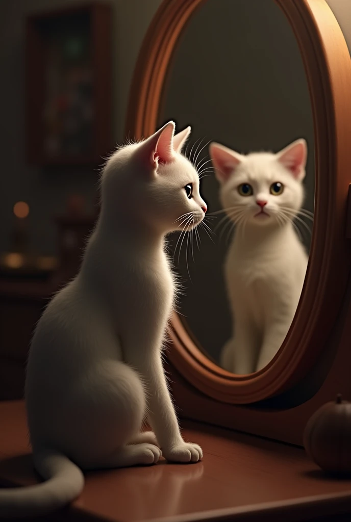 A cat sitting in front of a mirror, looking at each other with curiosity]** 