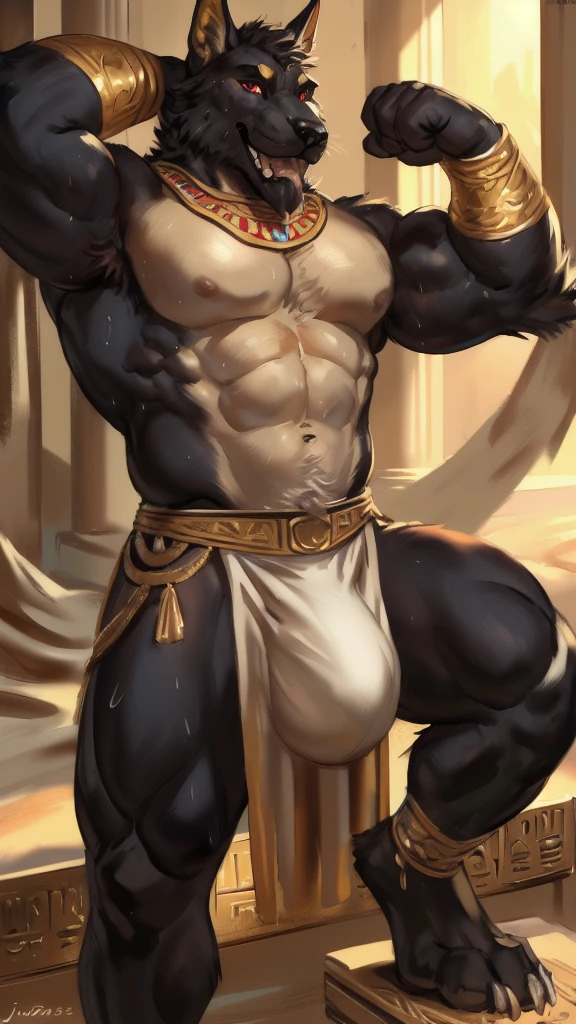 Daddy Anubis , black fur, drak fur, bitone, white chest fur, black beard, very red eyes, realistic eyes, posted on e621, furry body, anthro body, anthro mummy in Anubis , claws on hands, old realista Anubis , Climbing harnesses, Anubis in teeth , masculine, (very muscular, large muscles, buff:1.2), correct anatomy, (photorealistic fur, detailed fur, epic, masterpiece:1.2), white sumo, in the forest, sitted in a bathroom in Egypt, double purposebathroom , sexy shadows, (by echin, by Taran Fiddler, by Juiceps, by Rukis), (detailed eyes:1.2), impressive physique, strong pose, proud, flexing biceps with one arm, seductive face, looking at camera, big bulge, claws in five of dark, fur in black of feets, sweat, tongue in mouth,lying in bed of Egypt