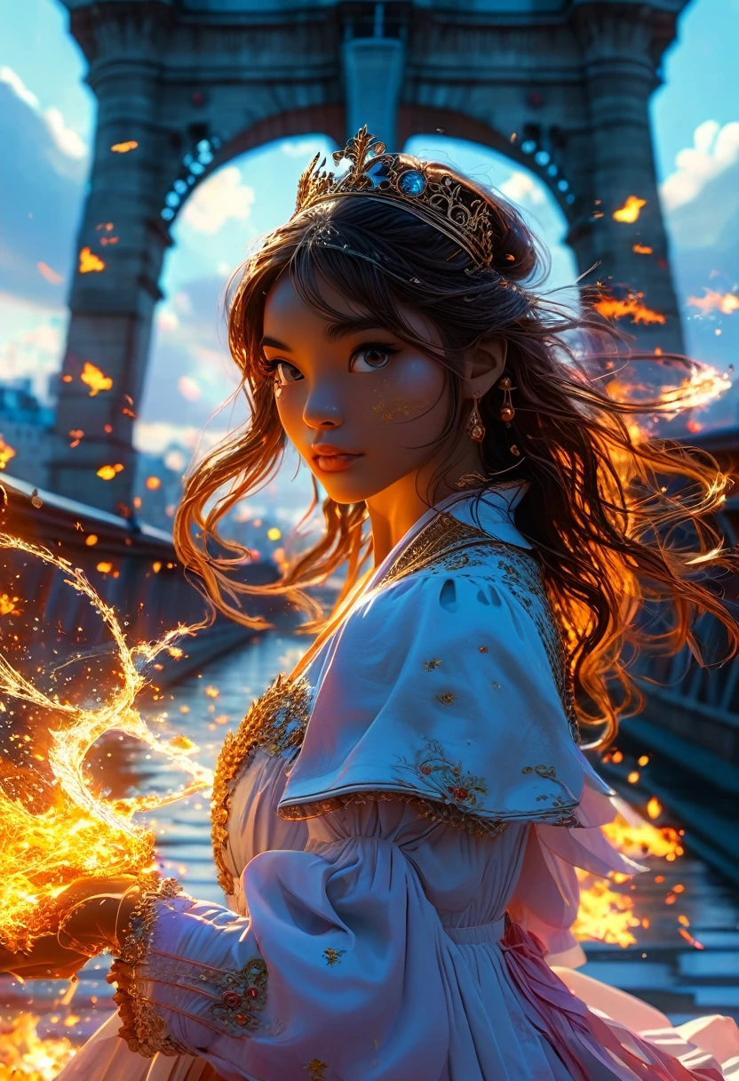 In a Pont Mirabeau in Paris, ((an Beautiful girl sur un pont in the night city)), (((elle est une princesse coréenne portant un handbook))), elle est une princesse, (((the bridge is broken:1.7 et de l'autre côté se trouve un prince brown skin:1.9))), (((la princesse essaie de rejoindre le prince))), dangerous scene, guerre, bataille, chaos, fire et fury, 8K, extremely detailed, high quality, (photorealistic:1.37), Full body, vibrant colors, perfect lighting, soulful expressions, celestial aura, majestic presence, dreamlike atmosphere, 8 k artistic photography, photorealistic concept art, soft natural volumetric cinematic perfect