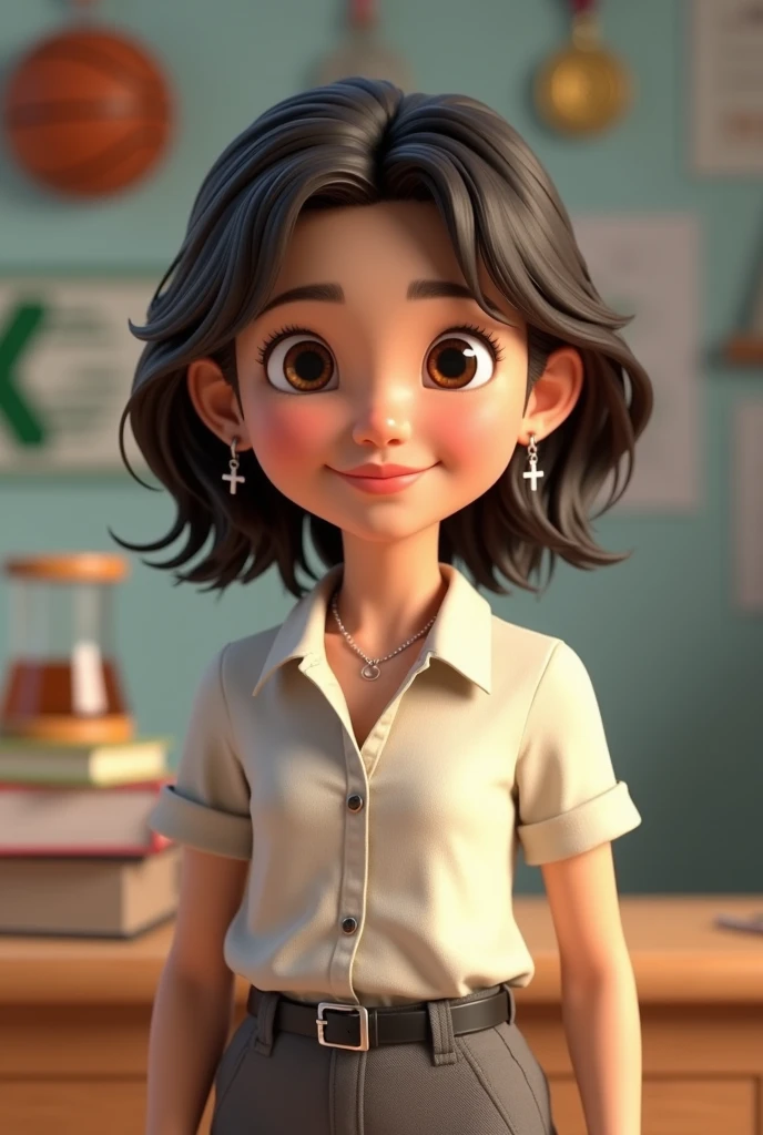  teenager, with dark brown hair, dark brown eyes, wavy hair that is somewhat curly, shoulder length hair and cut in layers separated almost in the middle but not completely in the middle, somewhat disheveled without bangs but with strands around the face, not so skinny, white skin, 1.65cm tall, not so skinny but not fat either, somewhat round face, small nose and mouth, slightly Chinese but big eyes. Include in the background something related to excel the logo, basketball, programming, test tubes or a periodic table of chemistry, and winning medals or competitions. Animated. Clothing: formal gray dress pants, button-down dress shirt, black belt, small hoop earrings with a silver cross hanging and silver rings. Look young, study high school. Not anime style. Make it animated, something 3D. Make a more casual pose. Keep what I asked for the background. Not so thin. More disheveled, a more teenage air. A little more disheveled, tips pointed up. Simple smile, facing forward. Hair touching the shoulders. More natural expressions, make hair a little longer 