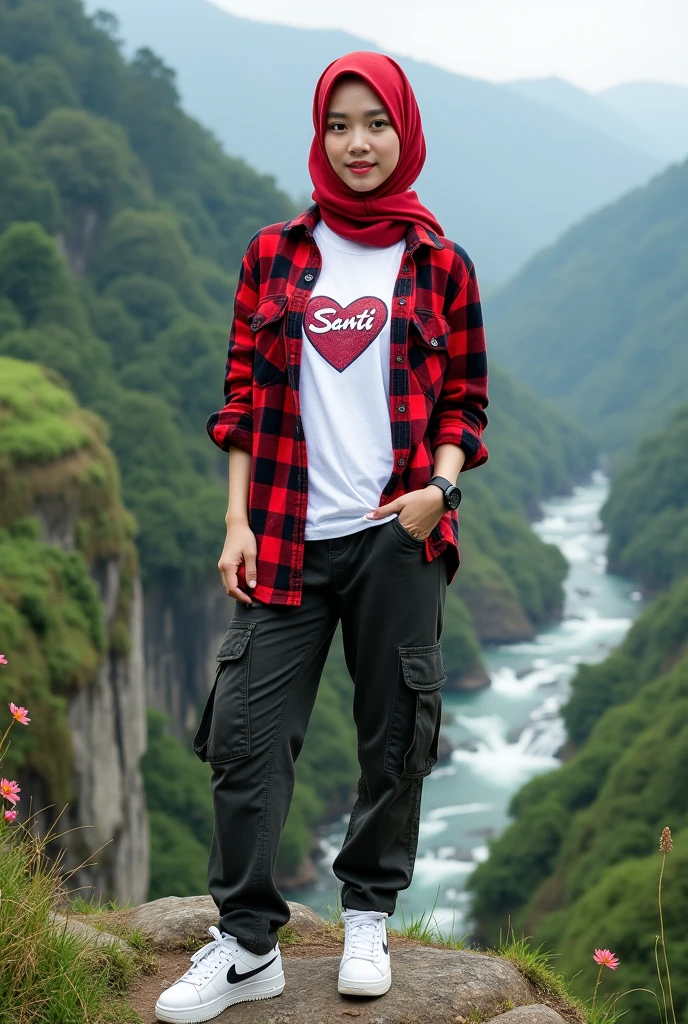 Beautiful Korean girl, smooth white skin, well-groomed face, red heart hijab, red and black checkered shirt, white t-shirt with the Santi logo, cargo pants, cool black watch, white shoes, posing standing on a high mountain, with a flowing river visible behind her background. rushed from the waterfall. . Trees, green and spacious rice fields, cliffs covered with moss and beautiful flowers in bloom, original and realistic photos.