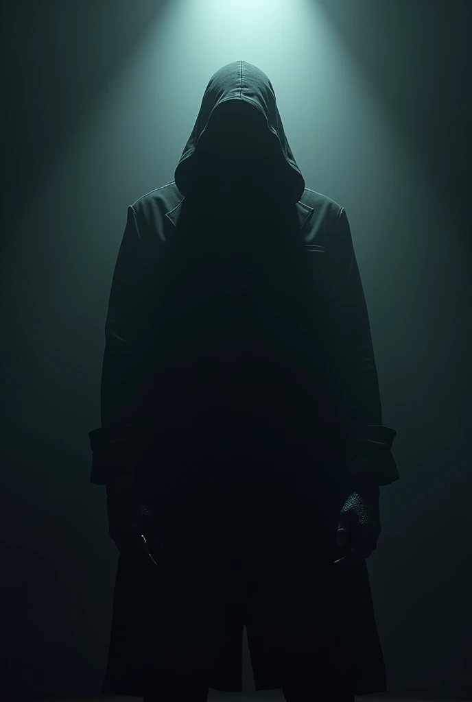 A man wearing a mask and a black outwear standng in the dark holding a light