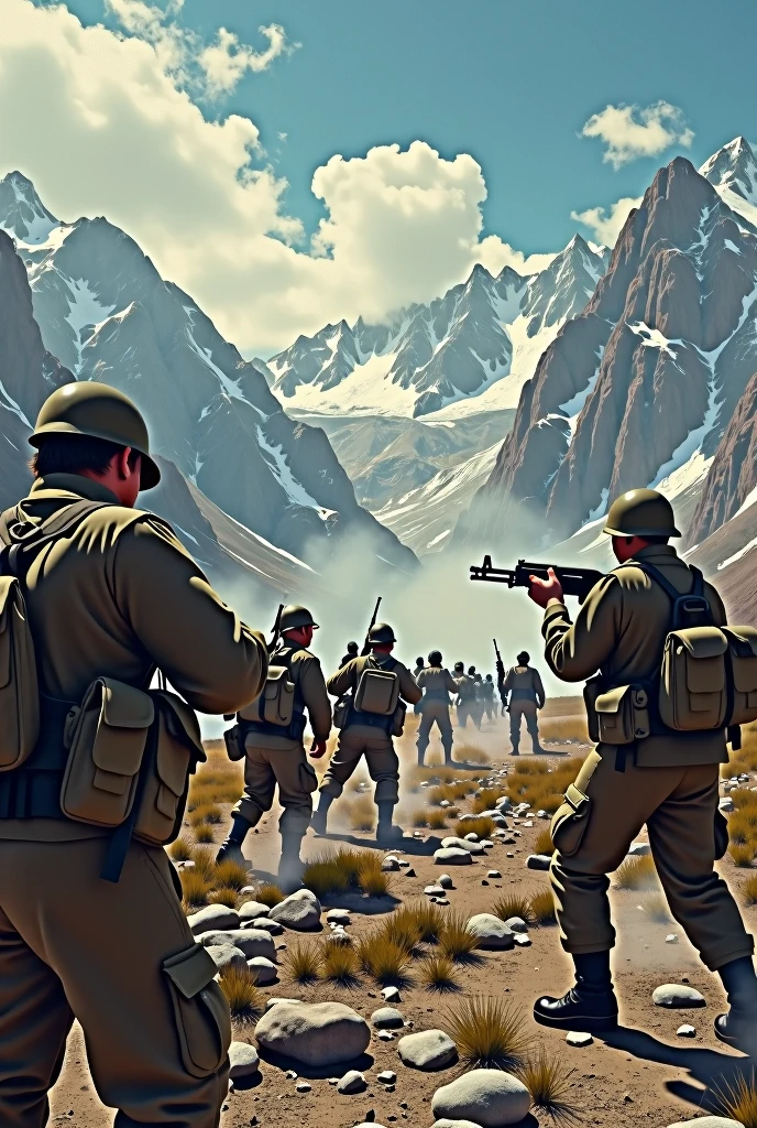 Chilean and Argentine soldiers in battle against each other in a 1950s setting