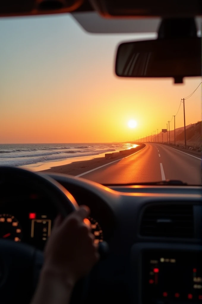 First-person point of view of driving while looking at the sunset on the beach