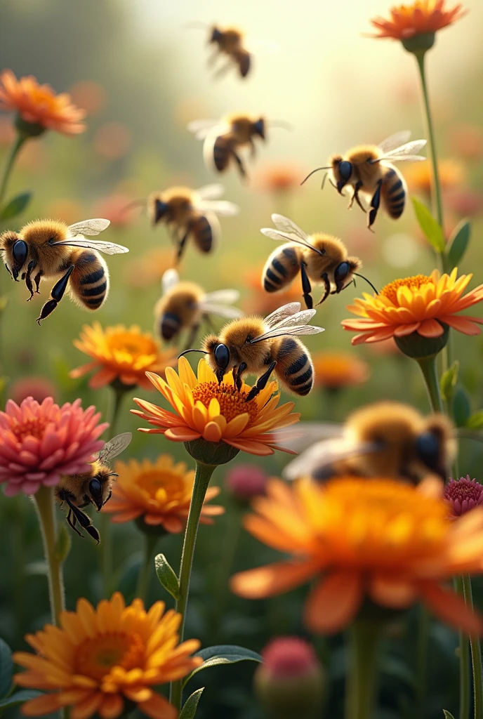 An image that realistically represents the mutualism between bees and flowers