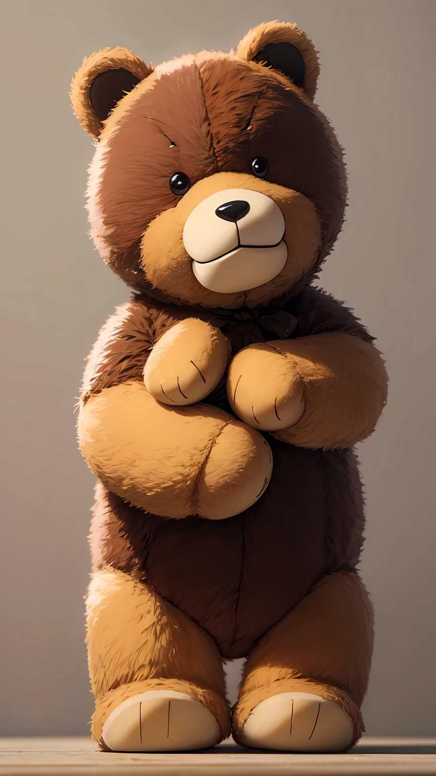 masterpiece, best quality, brown bear plushie, brown bear toy, brown fur, brown bear plushy, simple background, 