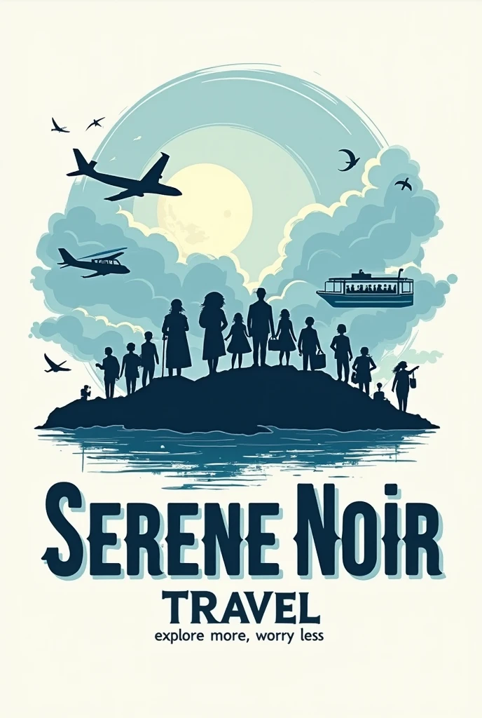 make me a logo of a Serene Noir Travel with a vibe of relaxing vacations, inspired by hotel de luna and on piece, bus, airplane, cruise ship, clouds, tour guides, travelers, and the name of travel agency is "SERENE NOIR TRAVEL" and it's slogan "explore more, worry less''