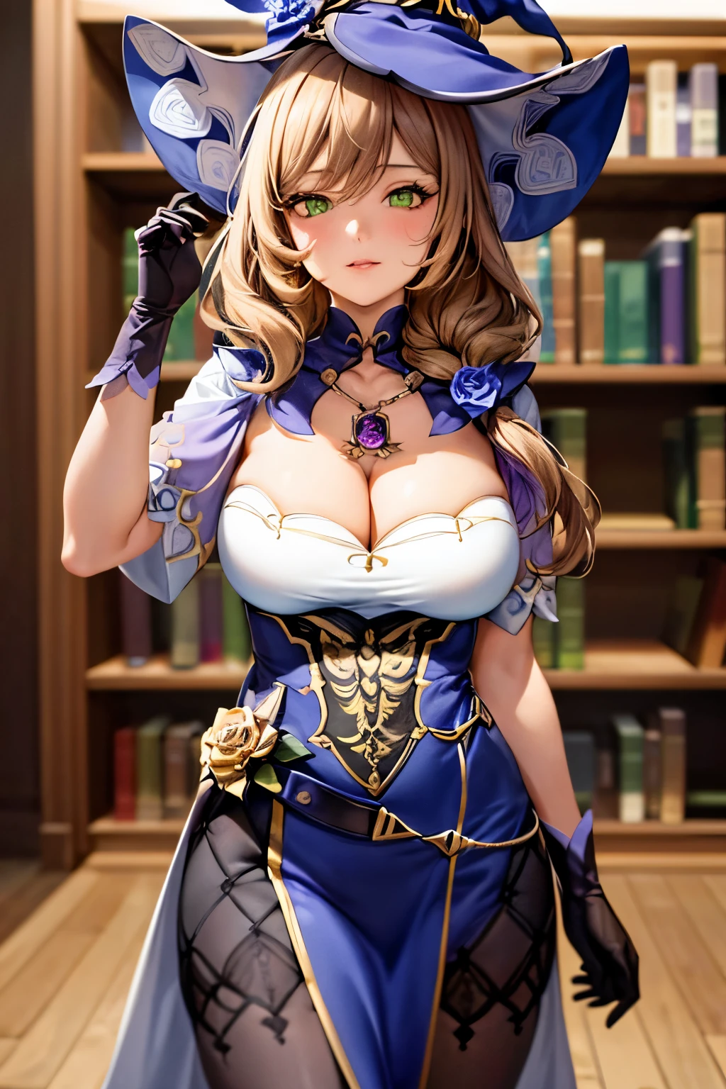a young girl standing in a library, (Rub your own breasts:1.6), 1girl, beautiful detailed eyes, (Blushing:1.2) ,witch hat ,beautiful detailed lips, extremely detailed face, long eyelashes, intricate details, serene expression, natural lighting, warm color tones, (best quality,4K,8k,highres,masterpiece:1.7),ultra-detailed ,HDR, uhd, studio lighting, ultra-fine painting, sharp focus ,physically-based rendering, extreme detail description ,professional ,vivid colors ,bokeh, portraits