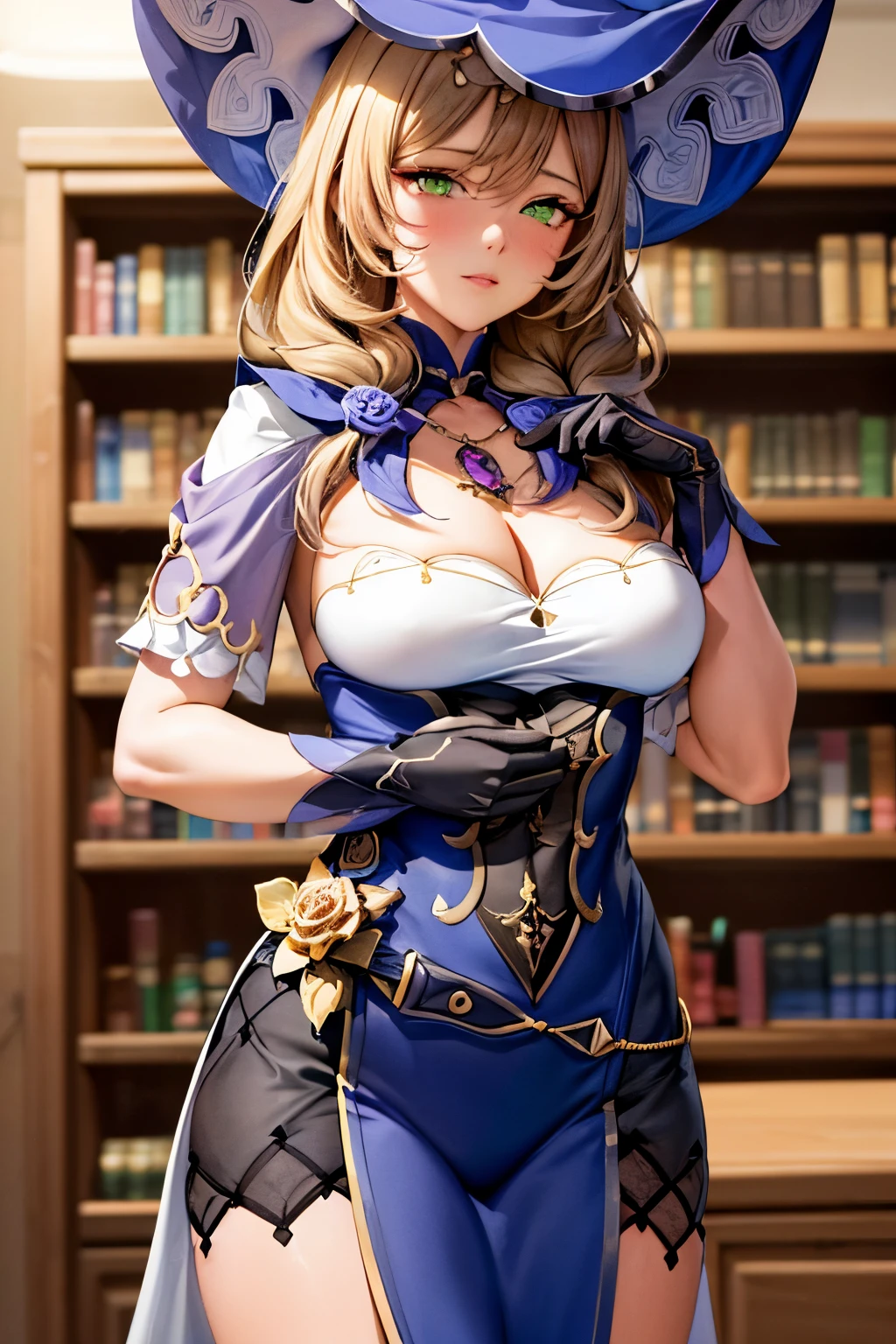 a young girl standing in a library, (Rub your own breasts:1.6), 1girl, beautiful detailed eyes, (Blushing:1.2) ,witch hat ,beautiful detailed lips, extremely detailed face, long eyelashes, intricate details, serene expression, natural lighting, warm color tones, (best quality,4K,8k,highres,masterpiece:1.7),ultra-detailed ,HDR, uhd, studio lighting, ultra-fine painting, sharp focus ,physically-based rendering, extreme detail description ,professional ,vivid colors ,bokeh, portraits