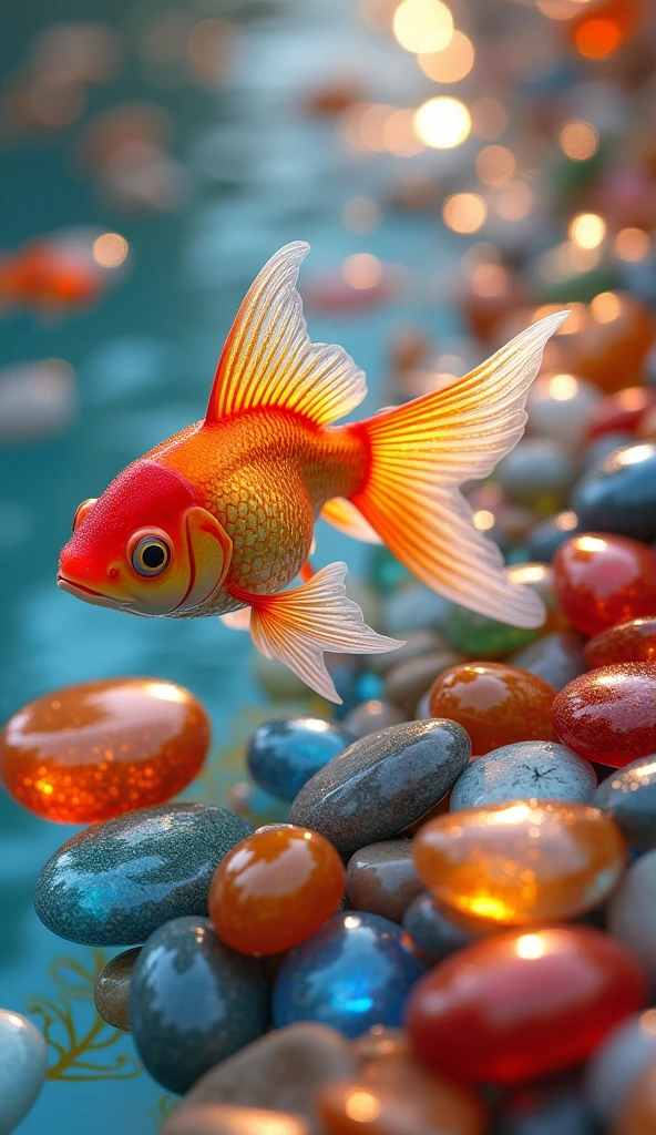Highest quality,8k,Goldfish,Viewed from directly above,The stones are as colorful as glass.,Goldfishがガラス細工で透明で綺麗
