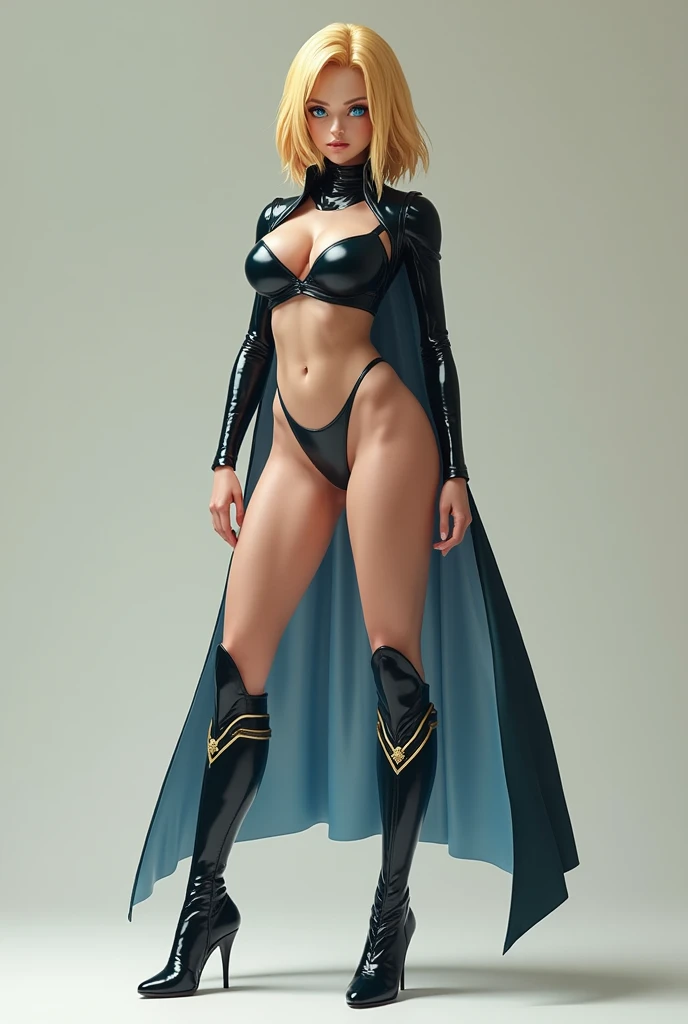 (((Plain background:1.2))) (masterpiece, high quality:1.1) 1girl solo full body height standing straight symmetrical looking to the viewer, view from below, two long thighs, yellow eyes, blonde hair, short hair, large breasts, detached sleeves, very white background, royal tiara, long cape, yellow tiger bikini print, high heels, hands on hips. red tattoo on belly navel, full body female MILF BIMBO, lustful smirking smile face (red blush), metal shoulders, golden bracers sleeveless, black choker sex slave