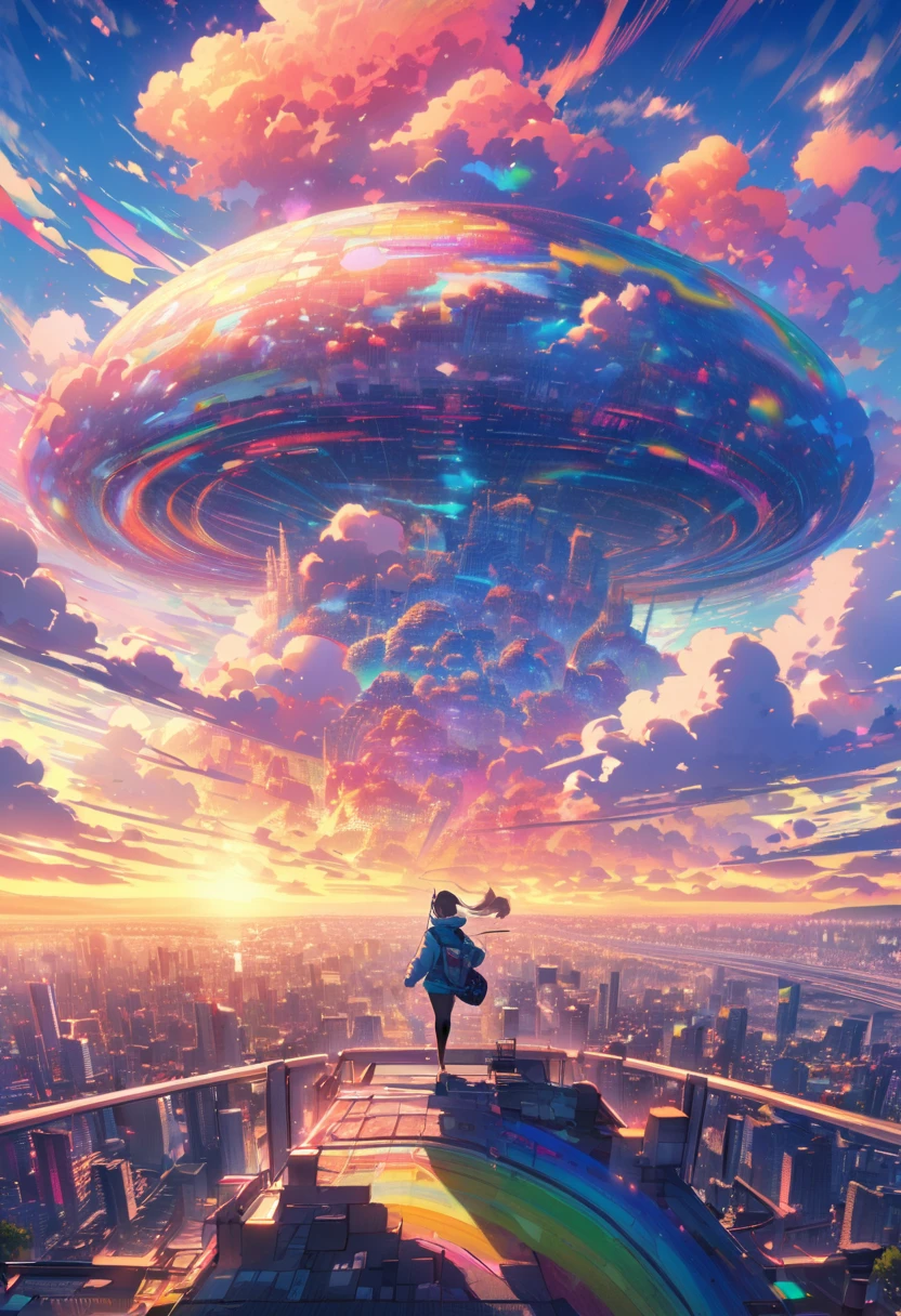 angelic, detailed woman who is walking, woman wearing hoodie, highest billding in city, road, sunrise, horizon, skyline, in the sky, city of clouds, colorful, high-res, 8K