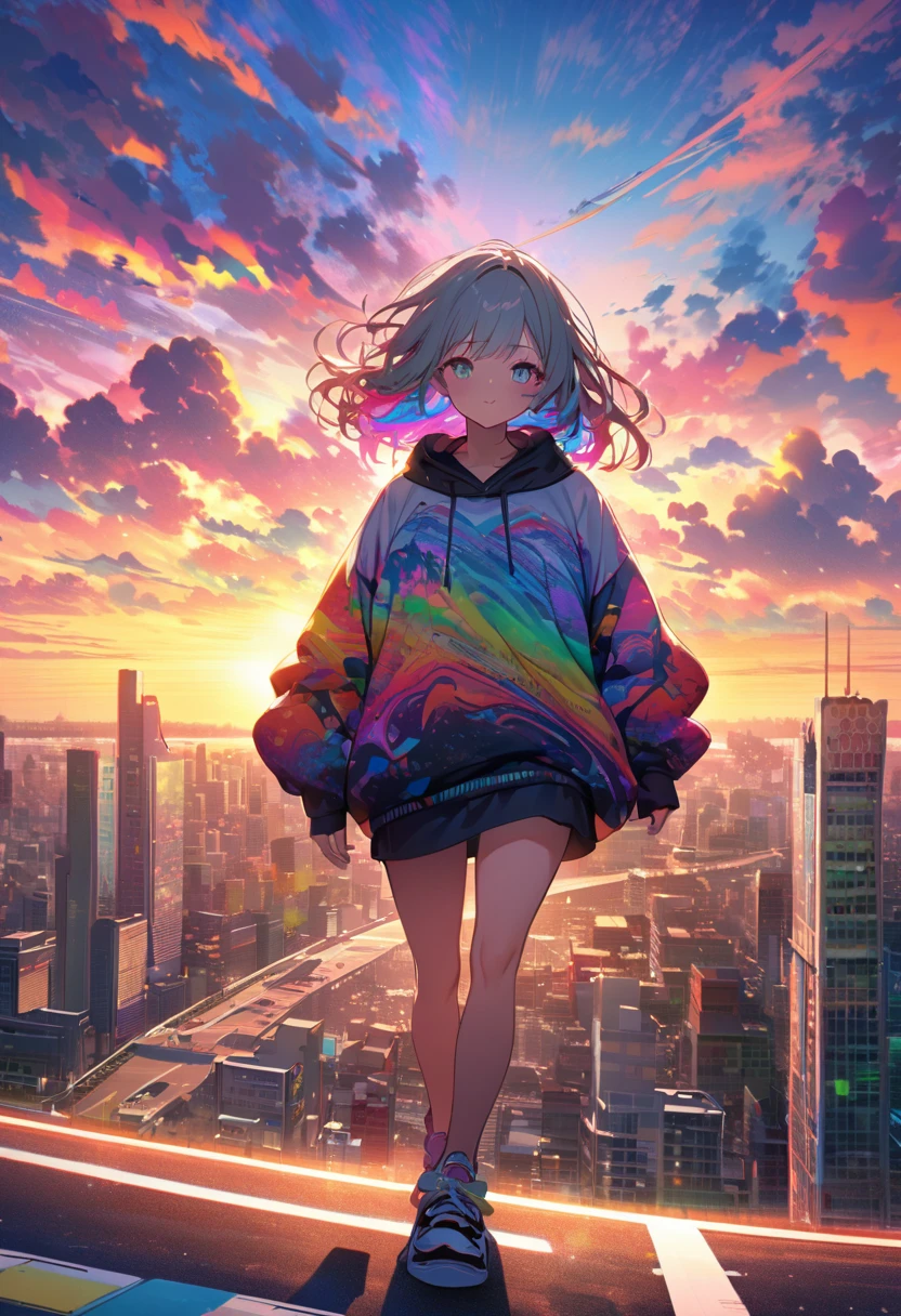 angelic, detailed woman who is walking, woman wearing hoodie, highest billding in city, road, sunrise, horizon, skyline, in the sky, city of clouds, colorful, high-res, 8K