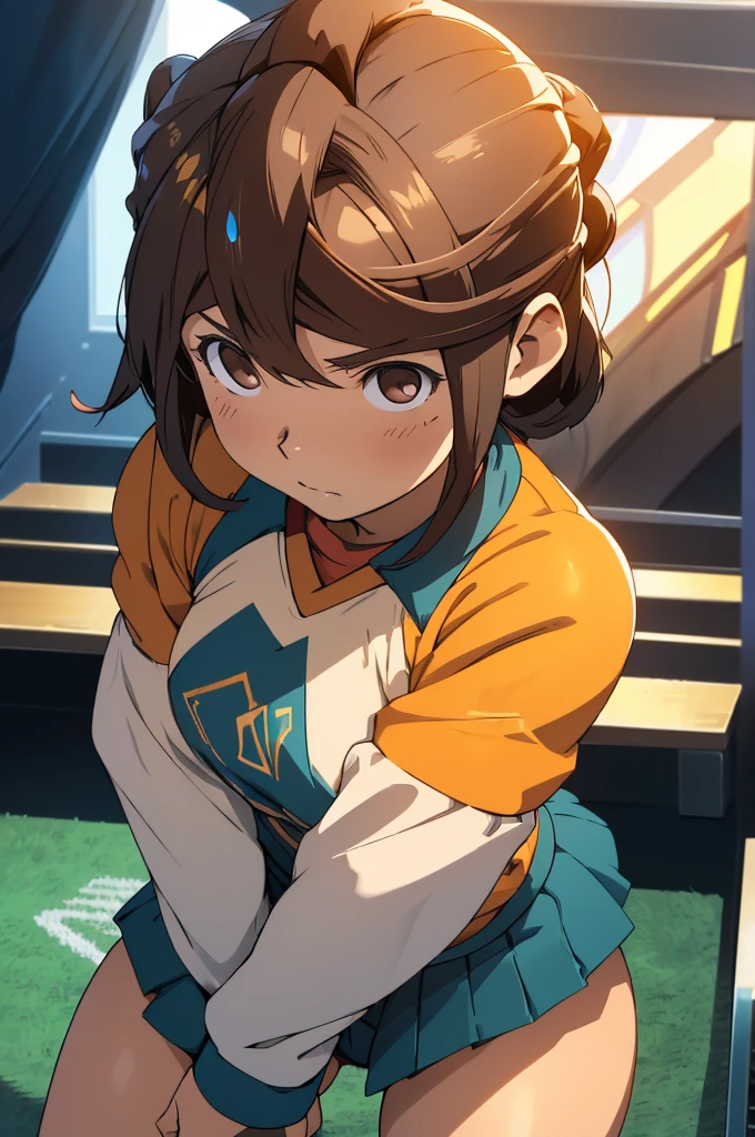 (Best quality, Ultra detailed, Golden ratio, Masterpiece:1.2), Theatrical lighting:0.7(ray tracing), 1 girl, Endou mamoru from inazuma eleven, turned into a woman, posing, athletic body, Thicc thighs, small breasts,perky breasts, heart-shaped ass, tight pussy(shiny skin)(detailed skin) (perfect hands), posing, Child, sexual, attractive, lewd, orgasmic, blushing, very feminine, wearing a football jersey,(perfect eyes), in a football ptch