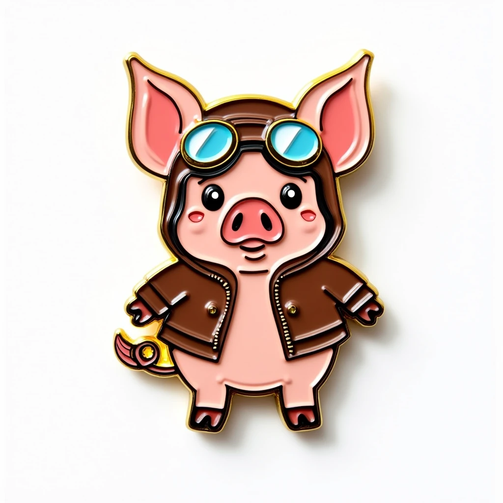 A photo of an enamel pin with a gold border on a white background. The pin features a cute cartoon pig wearing aviator gear. The pin is simple, using bold colors and a playful outline. It looks like a pin you might find on a jean jacket or backpack.