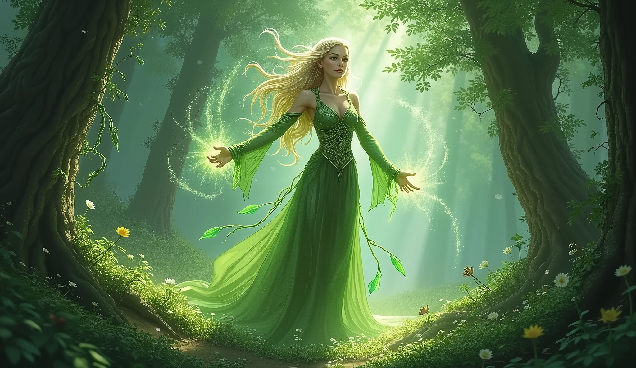 In the middle of the battle、Eris is in perfect harmony with the life force of the forest.、Unleash the true power hidden within you。Her magic is getting stronger、Become one with the surrounding nature and face off against the dark invaders。Ellis understood the importance of her mission.、Recognize that you are an essential part of protecting the forest。Her power spread throughout the forest、Giving hope and courage to my friends。Ellis is a blond elf woman.