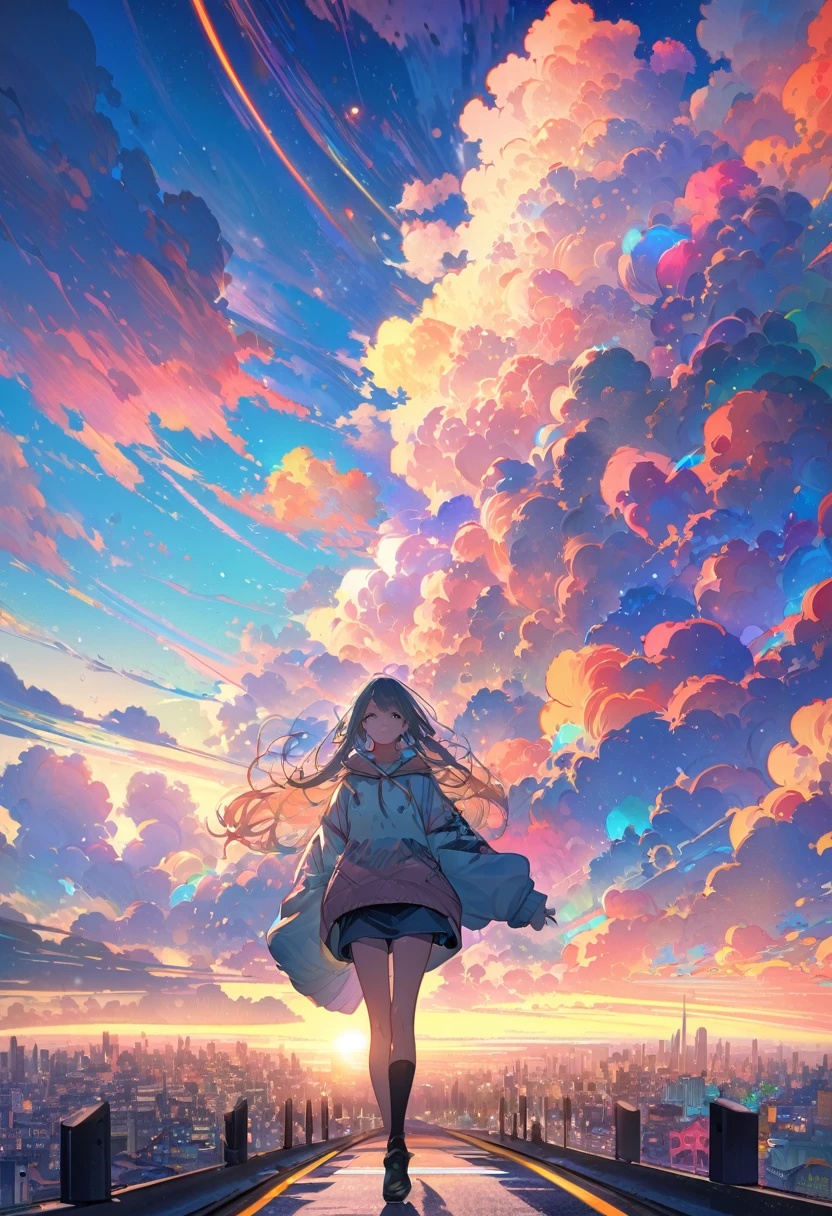 Create exquisite illustrations reminiscent of Makoto Shinkai's style, It has ultra-fine details and top-notch quality. angelic, detailed woman who is walking, woman wearing hoodie, highest billding in city, road, sunrise, horizon, skyline, in the sky, city of clouds, colorful, high-res, 8K