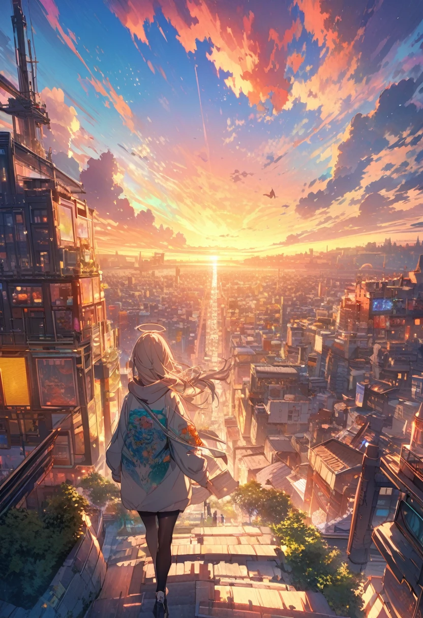 Create exquisite illustrations reminiscent of Makoto Shinkai's style, It has ultra-fine details and top-notch quality. angelic, detailed woman who is walking, woman wearing hoodie,  highest billding in city, road, sunrise, horizon, skyline, in the sky, city of clouds, colorful, high-res, 8K