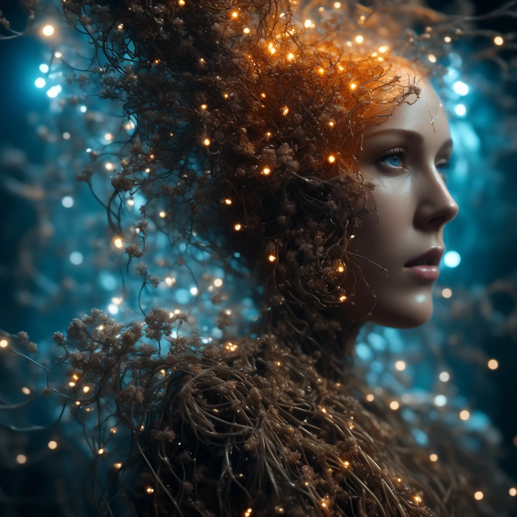 MJ, Cinematic close-up photograph of an etheric neural network organism, divine woman, anatomical face, Biomechanical parts