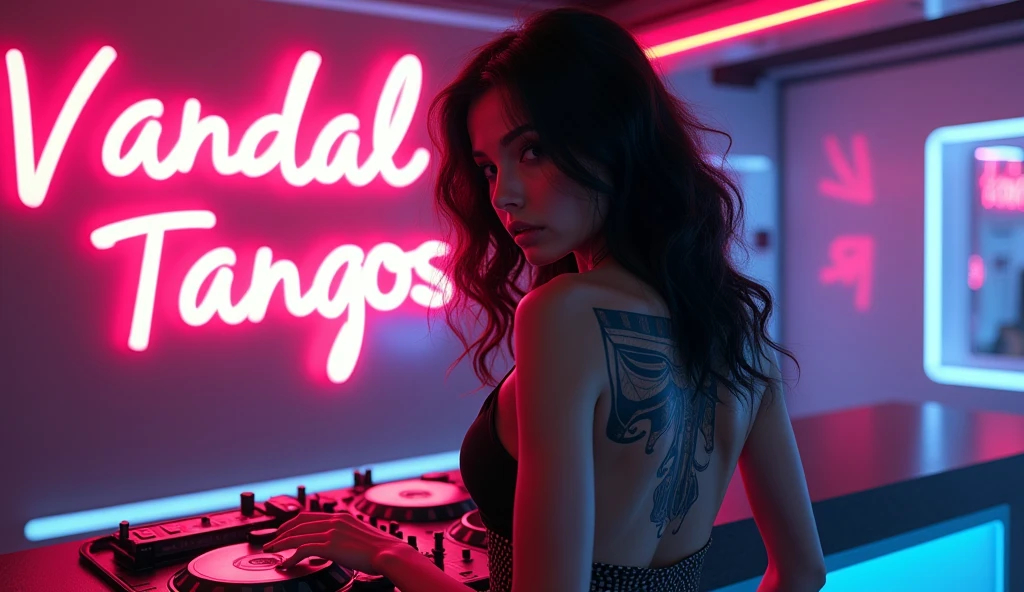 Futuristic DJ WOMAN wavy hair. He has an Egyptian tattoo "Eye of Horus" in the back. Add a bold neon sign "Vandal Tangos" In the scene.