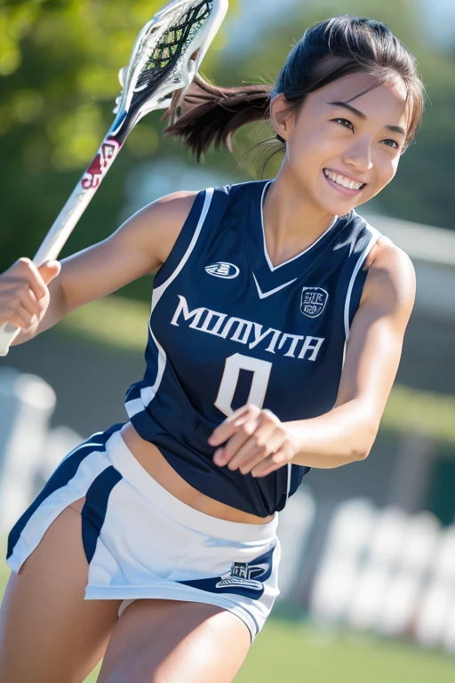 (8k, RAW photo, best quality, masterpiece), (photorealistic), outstanding details, ultra-high resolution, anatomically correct, textured skin, (Extremely precise and accurate anatomy),
Ultra Detailed Face, Detailed Eyes, 

(Cute Japanese girl), 
Lacrosse player, tanned skin, smiling face, holding Lacrosse stick, Running, Ponytail, Field lacrosse, 

(backlighting), 
reflection light, 
atmospheric perspective, depth of field, 
(dramatic lighting), cinematic lighting, 