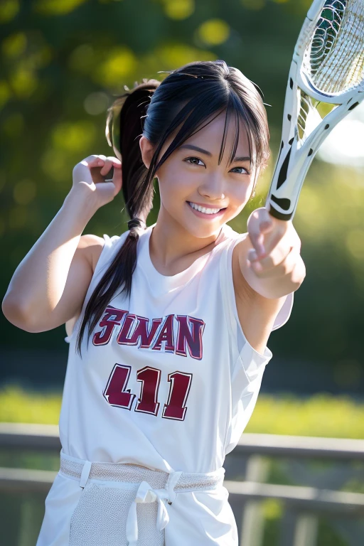 (8k, RAW photo, best quality, masterpiece), (photorealistic), outstanding details, ultra-high resolution, anatomically correct, textured skin, (Extremely precise and accurate anatomy),
Ultra Detailed Face, Detailed Eyes, 

(Cute Japanese girl), 
Lacrosse player, tanned skin, smiling face, holding Lacrosse stick, Running, Ponytail, Field lacrosse, 

(backlighting), 
reflection light, 
atmospheric perspective, depth of field, 
(dramatic lighting), cinematic lighting, 