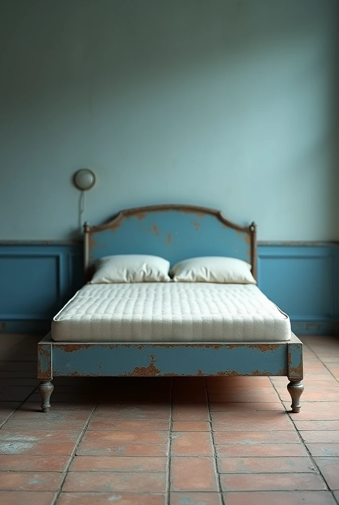 Create me a bed with a blue base and a white mattress and with dull colors because it is so old., that is broken from the corners in a subtle way, that the floor be made of skin-colored and brown tiles and the wall be blue.