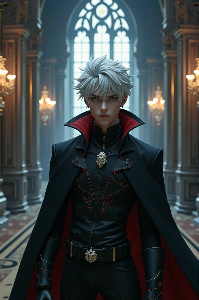 white hair boy, 20 years old, is a vampire, create it with your hero costume, inspired by a vampire house, and with the style of my hero academy