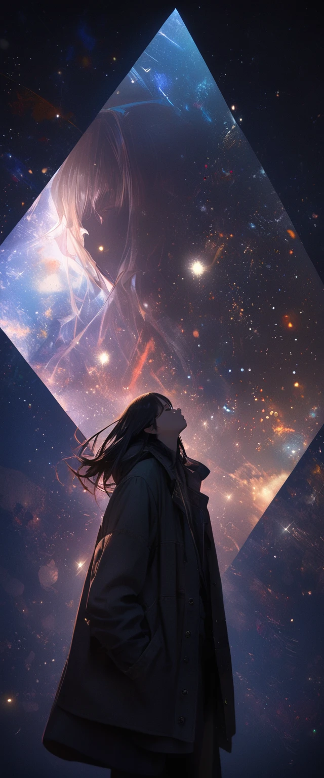 8K,Extremely detailed CG unit wallpaper, masterpiece,high resolution,Top quality,Top quality real texture skin,Surrealism,提high resolution,RAW photos,Best quality,Very detailed,wallpaper,Movie Lighting,Ray Tracing,Golden Ratio, rest ,Beautiful winter night sky,Many stars twinkle, Long exposure of starry sky,Full of circular star tracks, Silhouette of a cute young woman with long hair,She put her hands in her coat pockets,Look up at it, Photos taken from a distance, Photo below, Beautiful kaleidoscope multiple exposure overlap