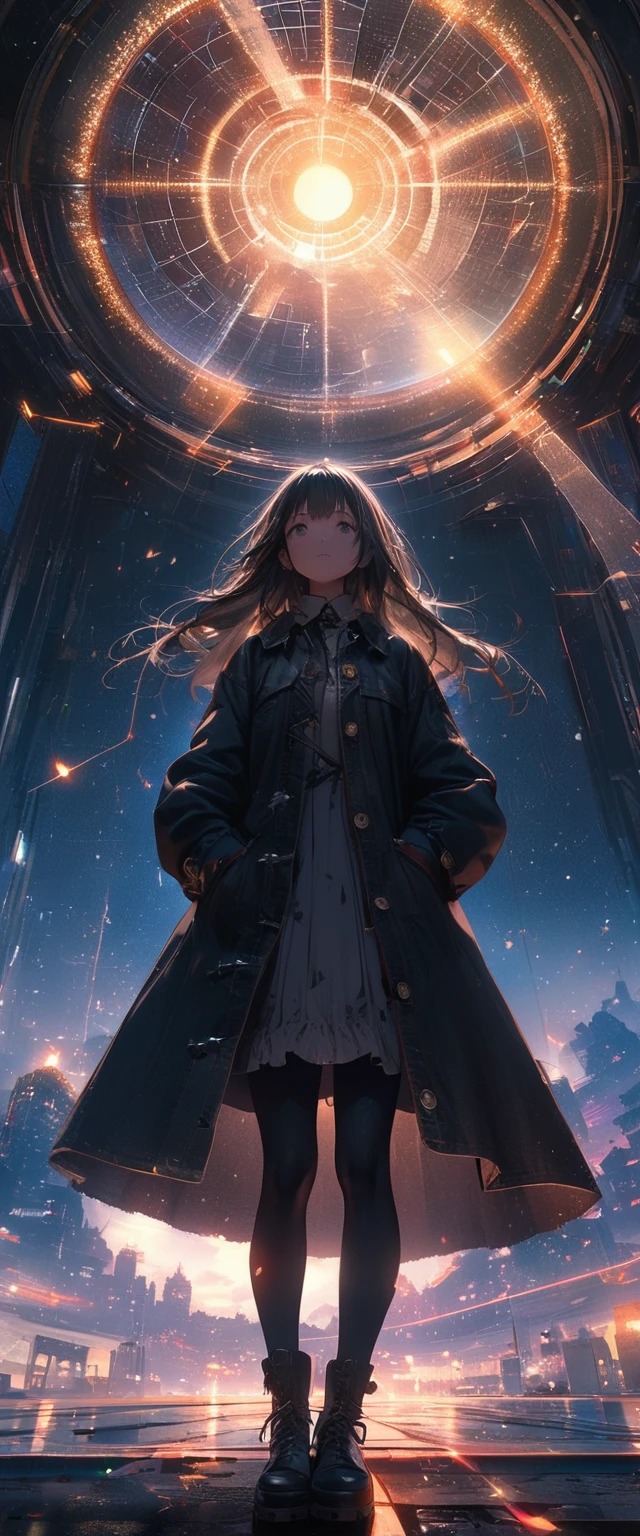 8K,Extremely detailed CG unit wallpaper, masterpiece,high resolution,Top quality,Top quality real texture skin,Surrealism,提high resolution,RAW photos,Best quality,Very detailed,wallpaper,Movie Lighting,Ray Tracing,Golden Ratio, rest ,Beautiful winter night sky,Many stars twinkle, Long exposure of starry sky,Full of circular star tracks, Silhouette of a cute young woman with long hair,She put her hands in her coat pockets,Look up at it, Photos taken from a distance, Photo below, Beautiful kaleidoscope multiple exposure overlap
