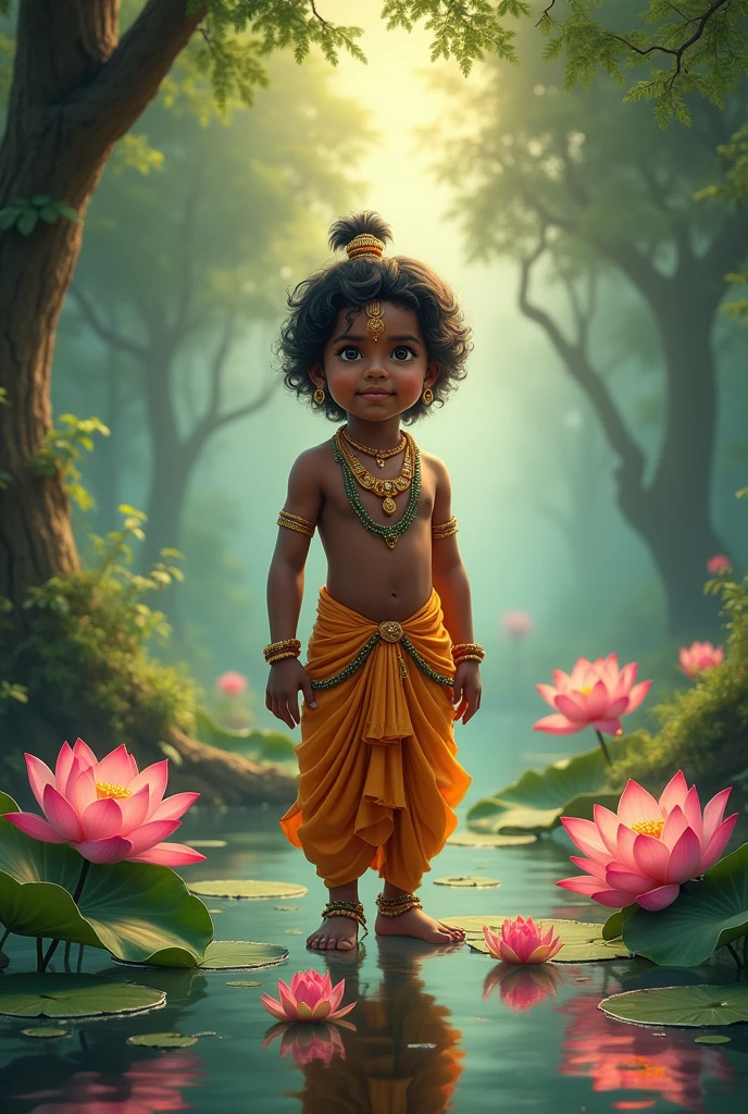 Image of little krishna standing.. surrounding trees and lotus