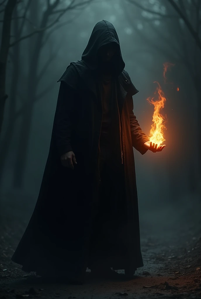 A man wearing a mask and a black outwear standng in the dark holding a light in his hand . the light has a fire inside him