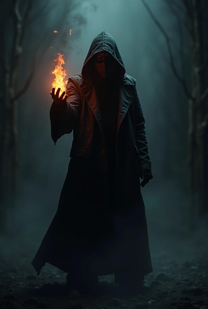 A man wearing a mask and a black outwear standng in the dark holding a light in his hand . the light has a fire inside him