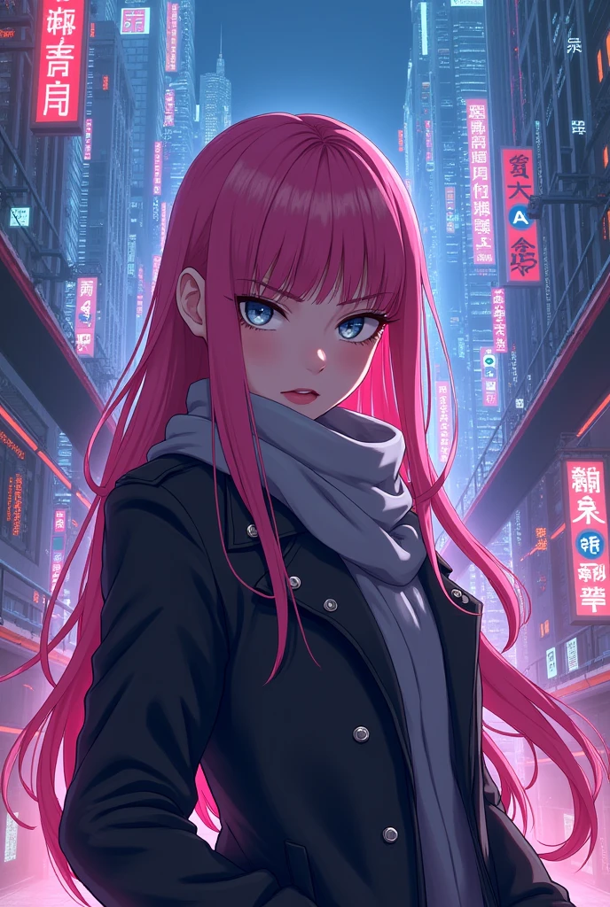 1girl, long pink hair,gray eyes,mygo,chihaya anon, wearing jacket, scarf, cyberpunk city, looking at viewer with a cold look, masterpiece, latest, vibrant color ,Va 11 hall a,animate