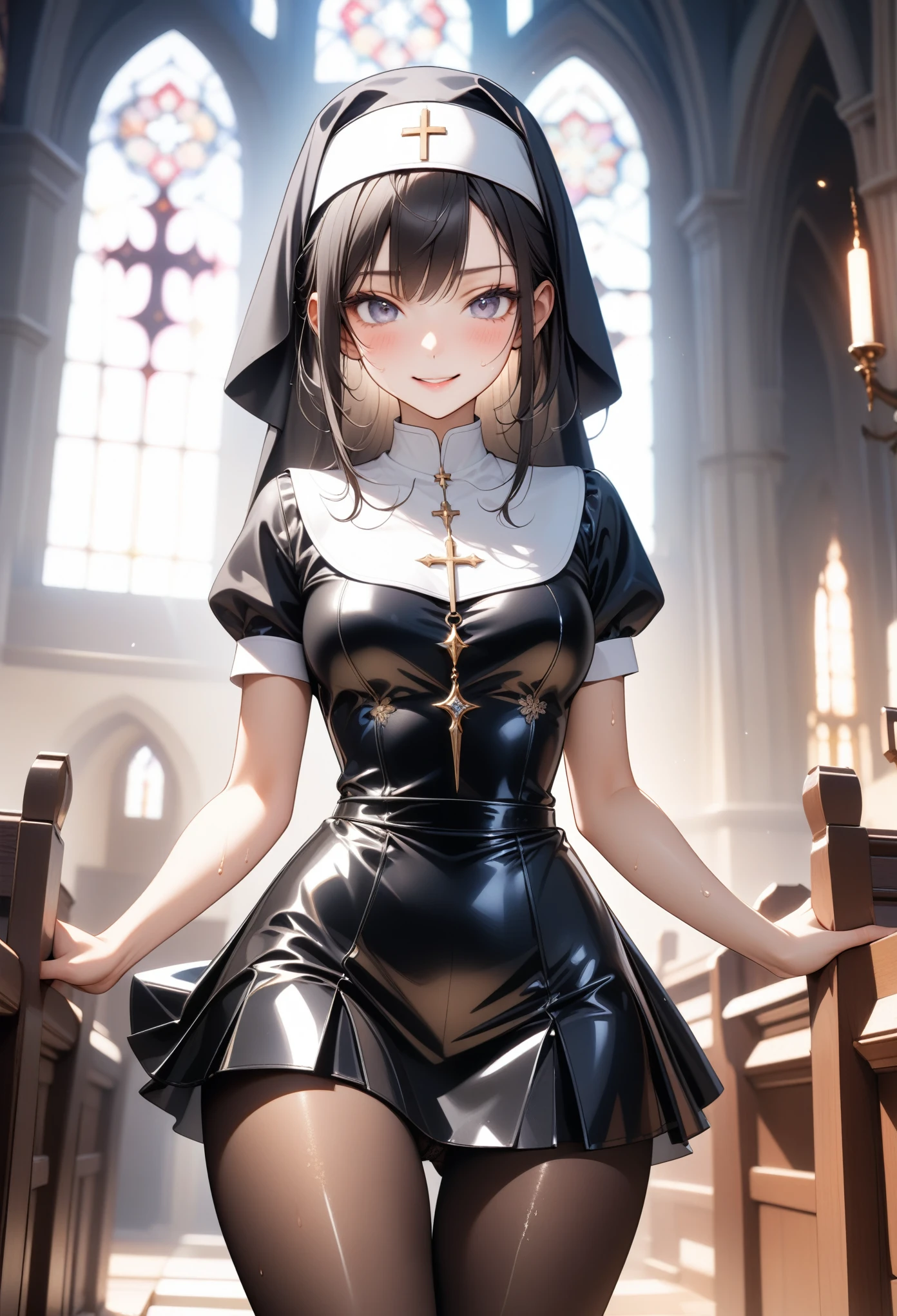 (Evil smile), (((traditional nun, Gorgeous embroidery, Leather panties, skirt, Pantyhose, Stiletto heels))), ((Shiny Costumes)), ((skindentation)), skinny, solo, 1 woman, Masterpiece, highest quality, highest quality, 16K, incredibly absurd, highly detailed, 2.5D, ai-generated, delicate and dynamic, very delicate facial expressions, delicate eye depiction, erotic, only sexy woman, ((A cute and kind face)), healthy figure, ((1 woman)), 160cm tall, medium firm swaying bust, Dark Hair, blush, Sweat,Embarrassed,sexy, ((thin thighs)), shiny and lustrous, facing straight at viewer, (((in heat))), ((Oily_skin)), ((Lots of sweat)), ((dutch angle)), ((erotic pose)), (((Dynamic Pose))), ((Transparent and sparkling costume)), ((Inside the church chapel)),