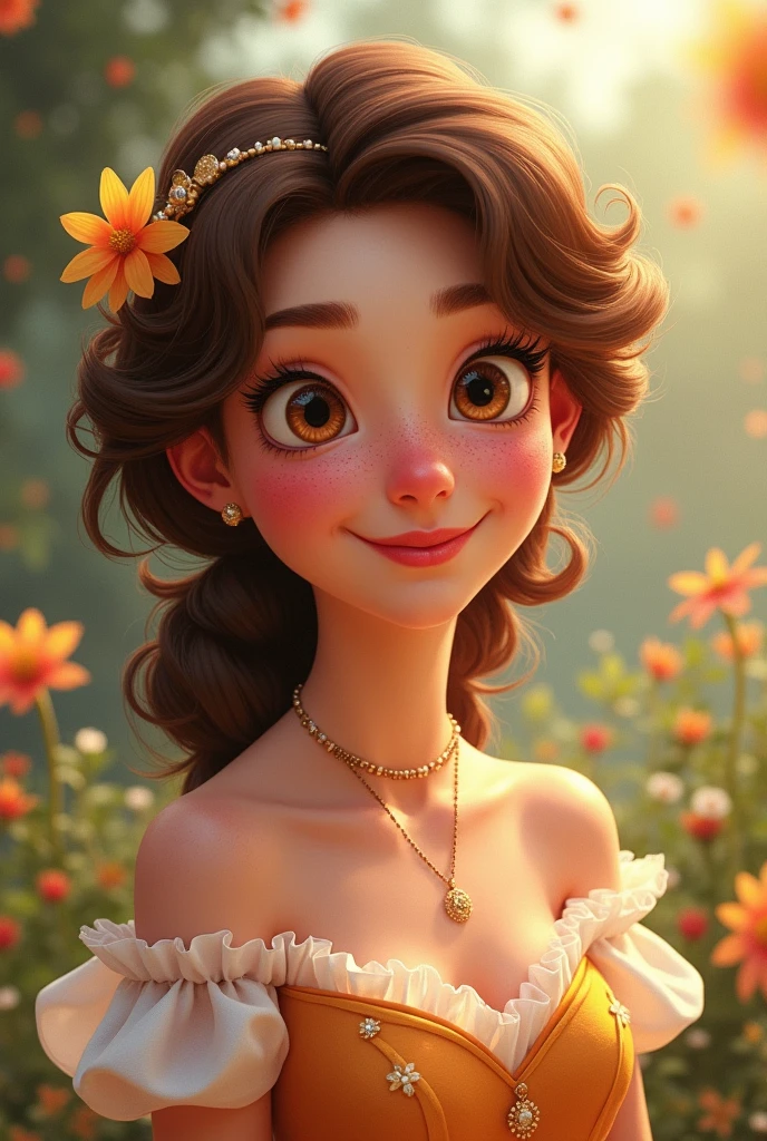 Disney princess with curly and brown hair. thin face, small nose but with a slightly raised septum, small lips and light brown eyes.
That I have many freckles