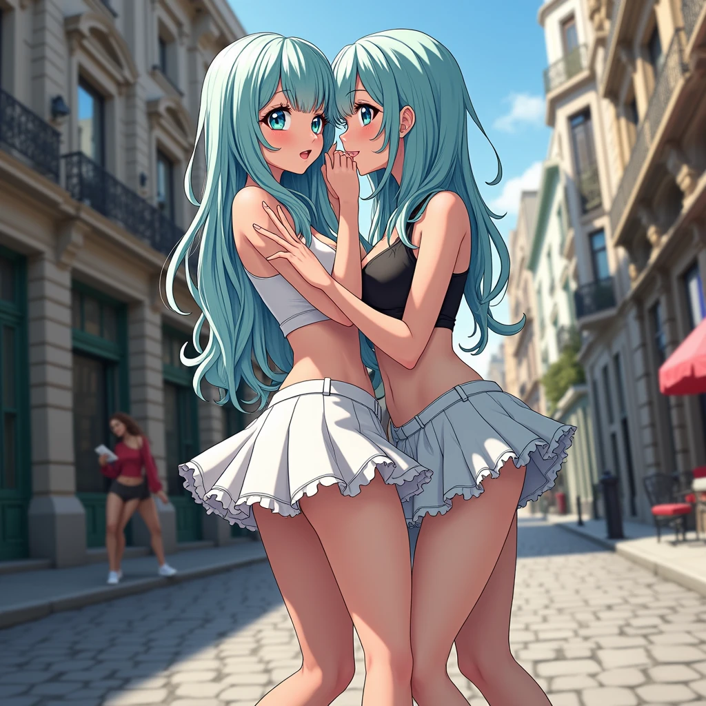 Create the same image of a beautiful 2 anime girl with white skin and aqua blue hair color with blue eyes with a white miniskirt all flirtatious showing more sensuality in the city of Buenos Aires.
