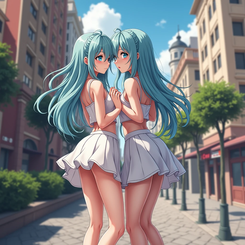Create the same image of a beautiful 2 anime girl with white skin and aqua blue hair color with blue eyes with a white miniskirt all flirtatious showing more sensuality in the city of Buenos Aires.
