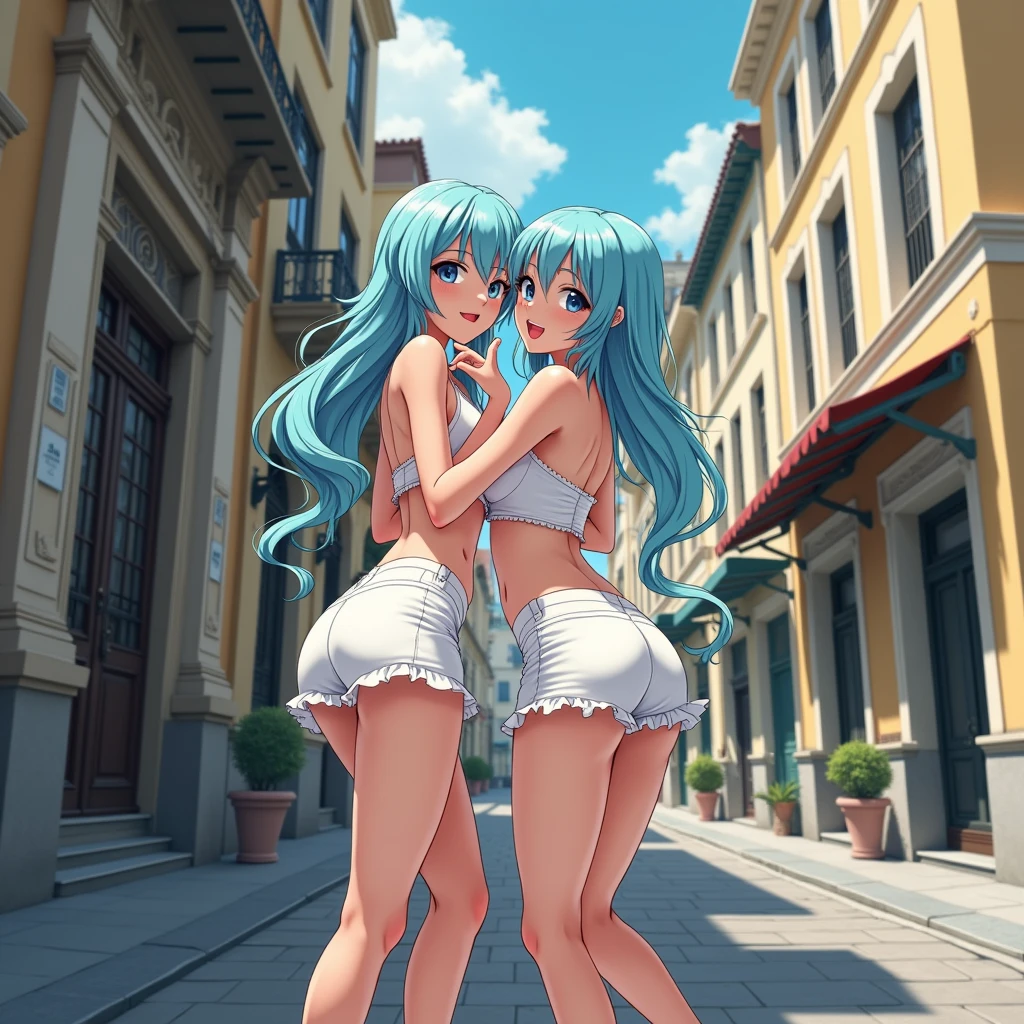 Create the same image of a beautiful 2 anime girl with white skin and aqua blue hair color with blue eyes with a white miniskirt all flirtatious showing more sensuality in the city of Buenos Aires.