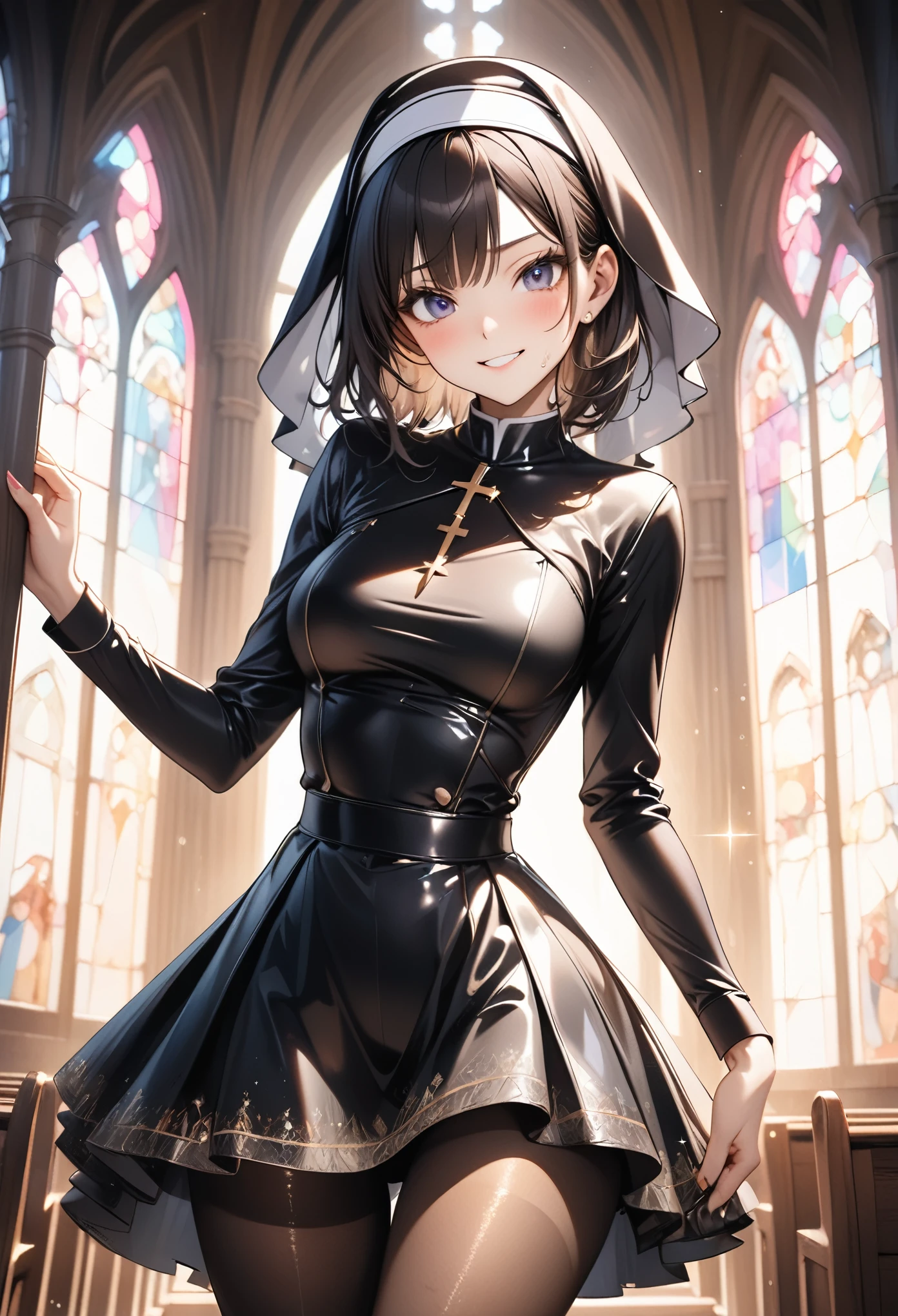 (Evil smile), (((traditional nun, Leather panties, skirt, Pantyhose, Stiletto heels))), ((Shiny Costumes)), ((skindentation)), skinny, solo, 1 woman, Masterpiece, highest quality, highest quality, 16K, incredibly absurd, highly detailed, 2.5D, ai-generated, delicate and dynamic, very delicate facial expressions, delicate eye depiction, erotic, only sexy woman, ((A cute and kind face)), healthy figure, ((1 woman)), 160cm tall, medium firm swaying bust, Dark Hair, blush, Sweat,Embarrassed,sexy, ((thin thighs)), shiny and lustrous, facing straight at viewer, (((in heat))), ((Oily_skin)), ((Lots of sweat)), ((dutch angle)), ((erotic pose)), (((Dynamic Pose))), ((Transparent and sparkling costume)), ((Inside the church chapel)),