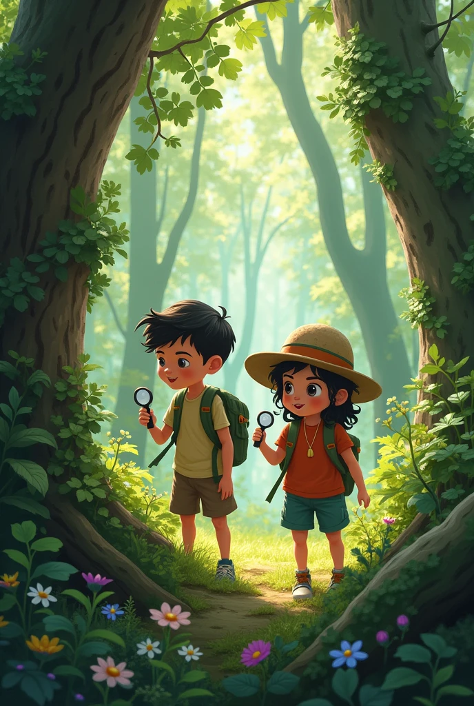 situation in the wilderness forest, there is a boy and a girl who are looking for rare plants using a magnifying glass