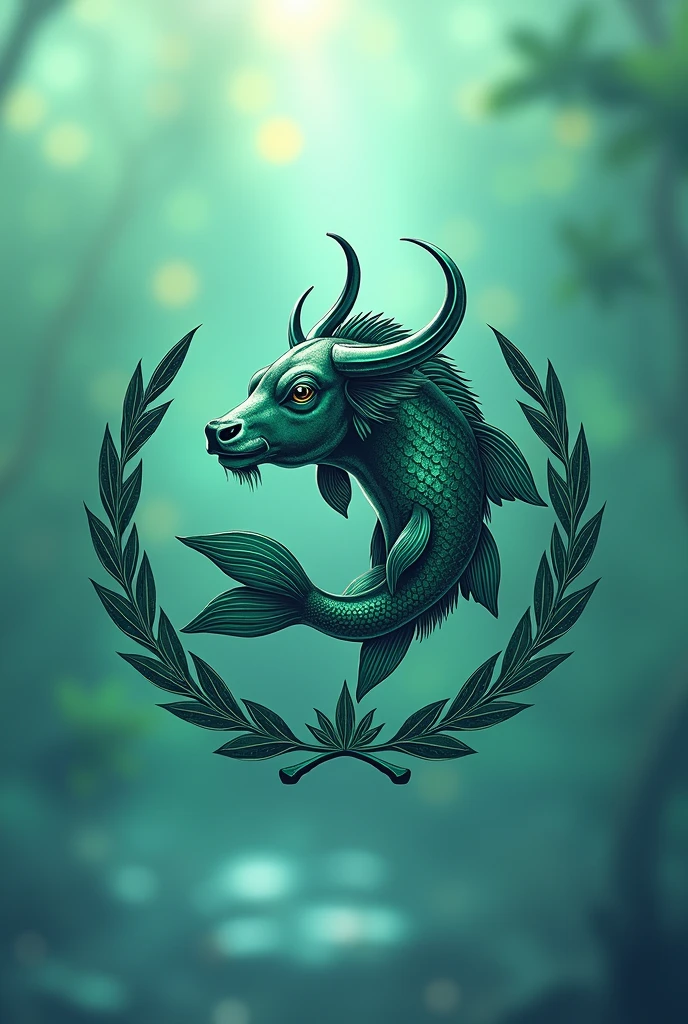 Design a logo featuring a unique combination of a fish and a water buffalo, adorned with a torch and laurel elements. Incorporate shades of green and blue to convey a sense of harmony and tranquility. Be creative and innovative in showcasing the fusion of these symbols to symbolize strength, power, and growth. make it color green and blue and remove background