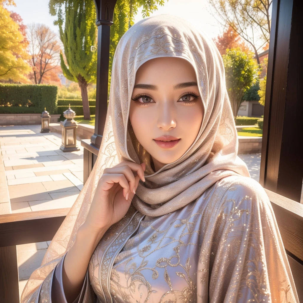 beautiful young woman, 1girl, majestic hijab outfit, detailed face, alluring eyes, full lips, outdoor setting, selfie, soft lighting, warm colors, best quality, 4k, 8k, highres, masterpiece, ultra-detailed, realistic, photorealistic, photo-realistic, cinematic, beautiful detailed eyes, beautiful detailed lips, extremely detailed face and eyes, long eyelashes, intricate clothing textures, elegant posing, warm smile, romantic atmosphere