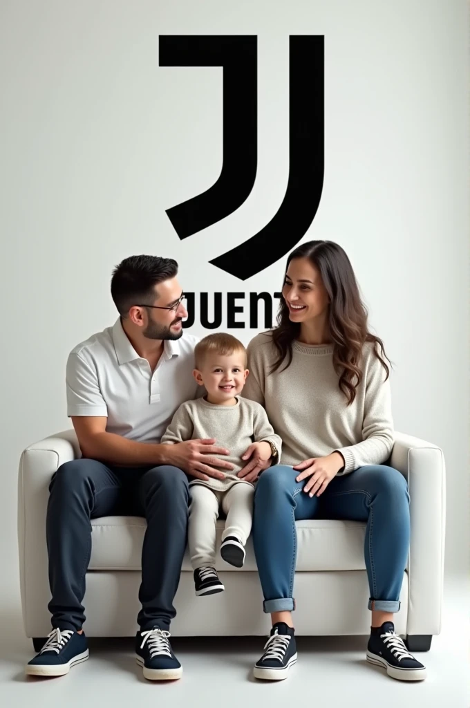Husband&#39;s Family Photo, wife and 1 son sitting on a Juventus chair surrounded by the Juventus football club logo, facing forward with the words Rico Lipana heading to 10K, HD Realistic