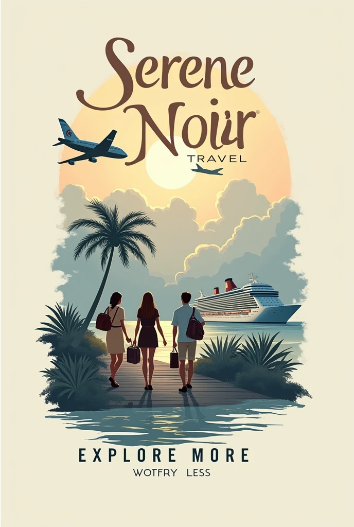 make me a simple logo of a Serene Noir Travel with a vibe of relaxing vacations, inspired by hotel de luna and on piece, bus, airplane, cruise ship, clouds, tour guides, travelers, and the name of travel agency is "SERENE NOIR TRAVEL" and it's slogan "explore more, worry less'' 