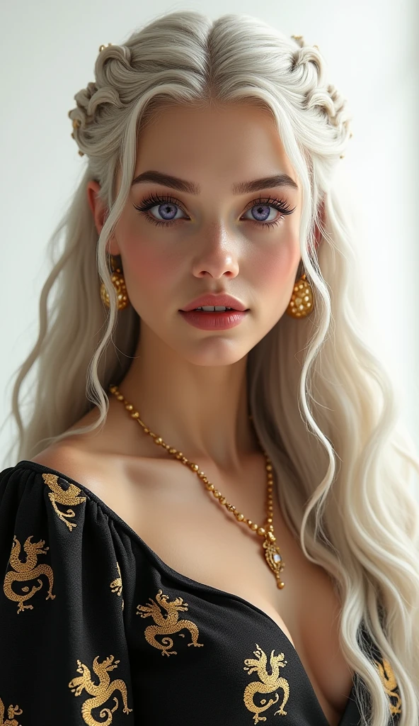 Alicia Agneson with platinum blonde hair, Asirian features, wavy fur, intense violet or purple eyes, wearing a red and black dress, with royal embroideries, expensive and beautiful golden jewelry.